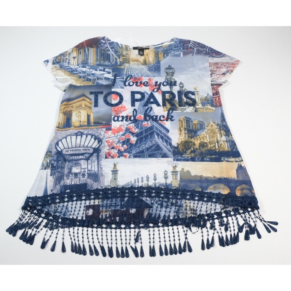 Style & Co Top Womens L Blue Paris Photo Print Tassel Fringe Studded Blouse Boho